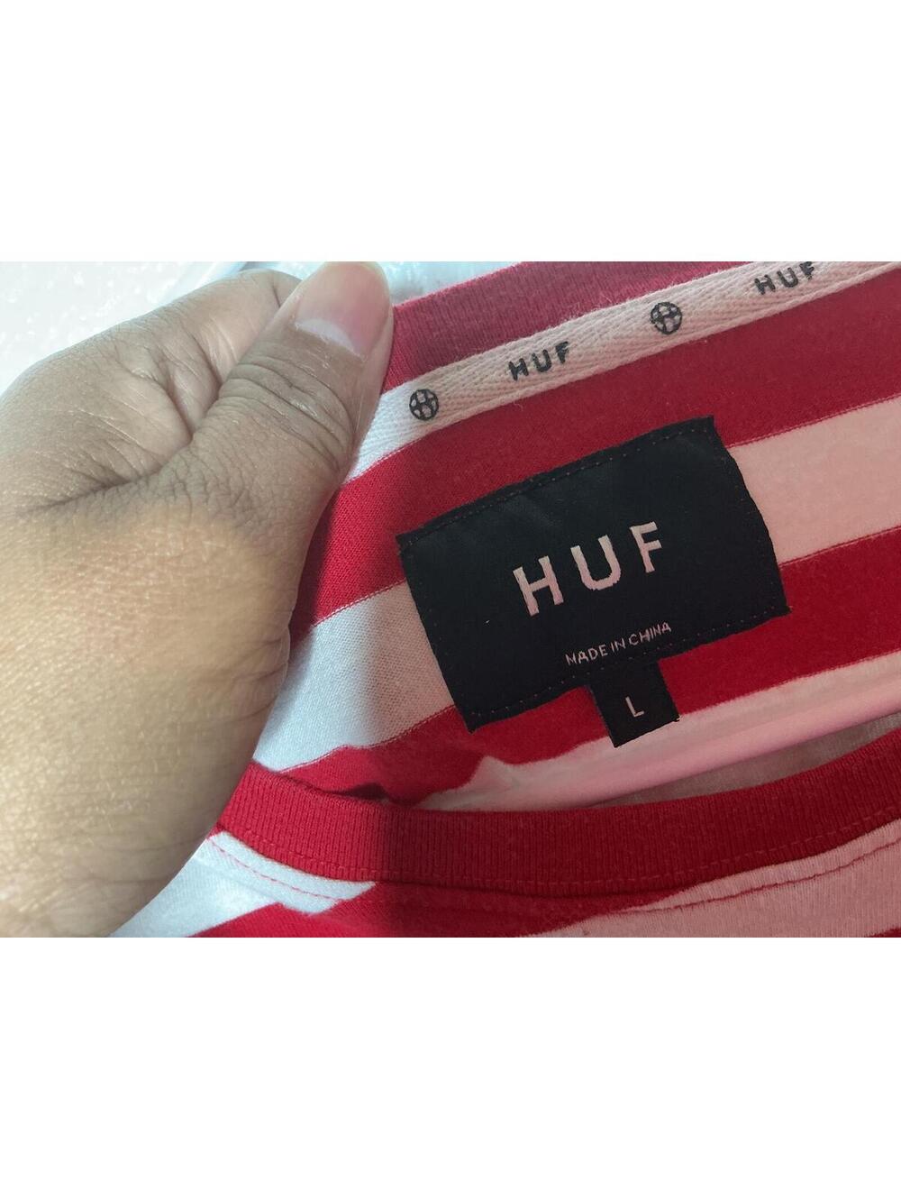 < HUF Red/White Striped Skater Streetwear Long Sleeve Shirt Size Large > - Picture 3 of 5